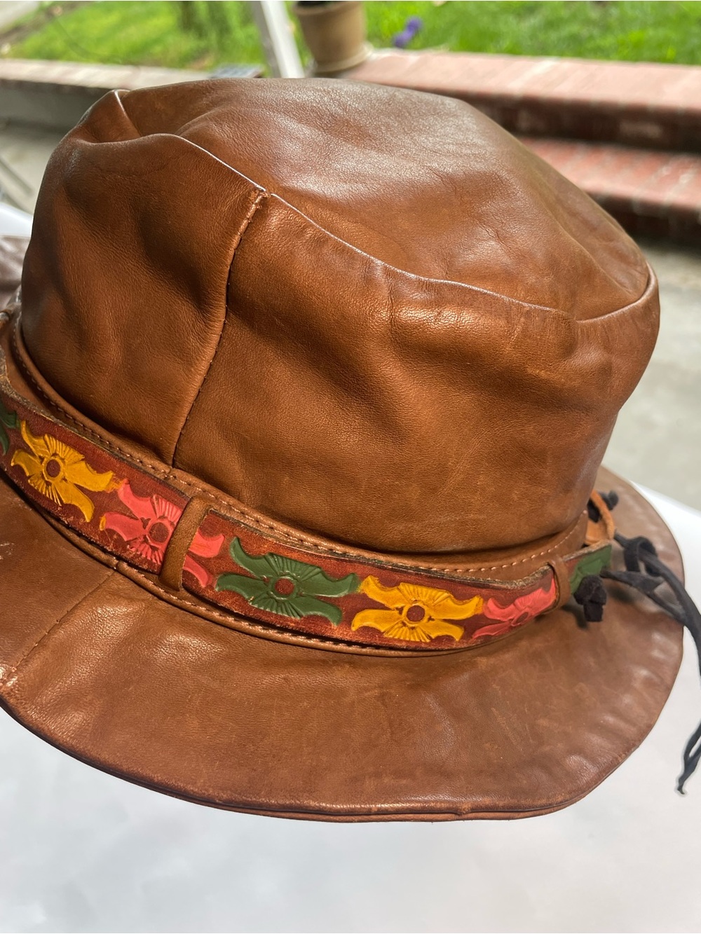 Brown Leather Hat  with Multicolor Floral Trim